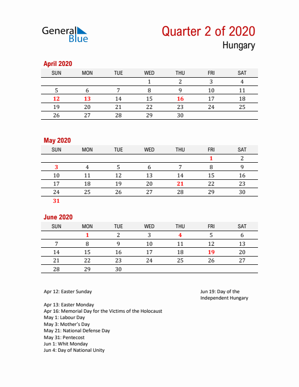 Printable Three Month Calendar with Hungary Holidays