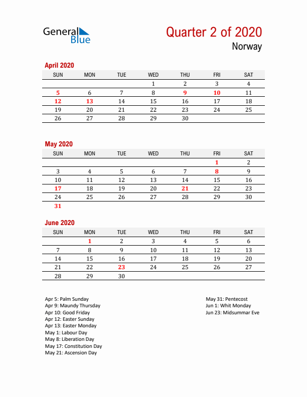 Printable Three Month Calendar with Norway Holidays