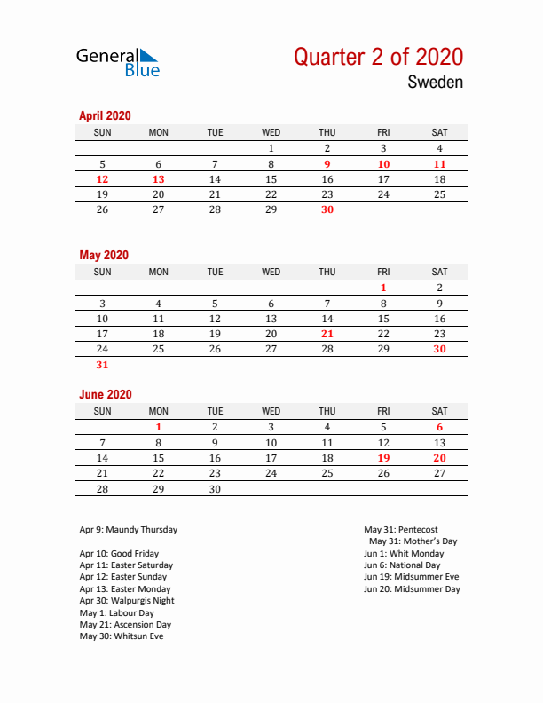 Printable Three Month Calendar with Sweden Holidays