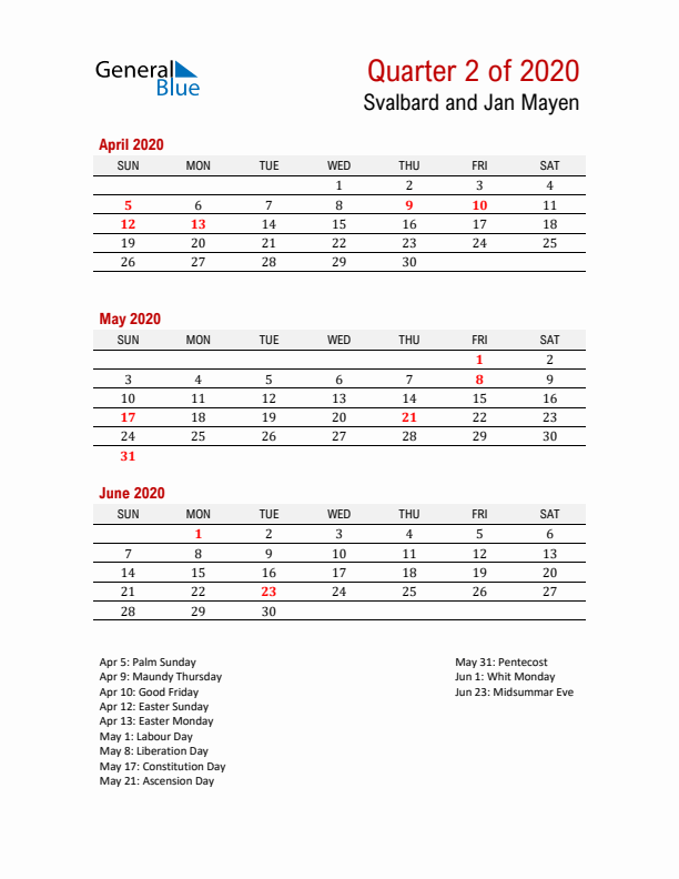 Printable Three Month Calendar with Svalbard and Jan Mayen Holidays