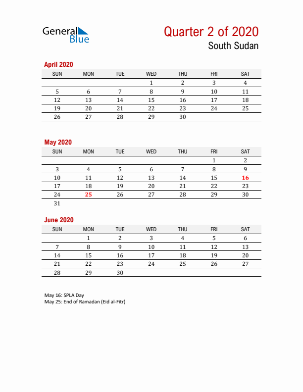 Printable Three Month Calendar with South Sudan Holidays