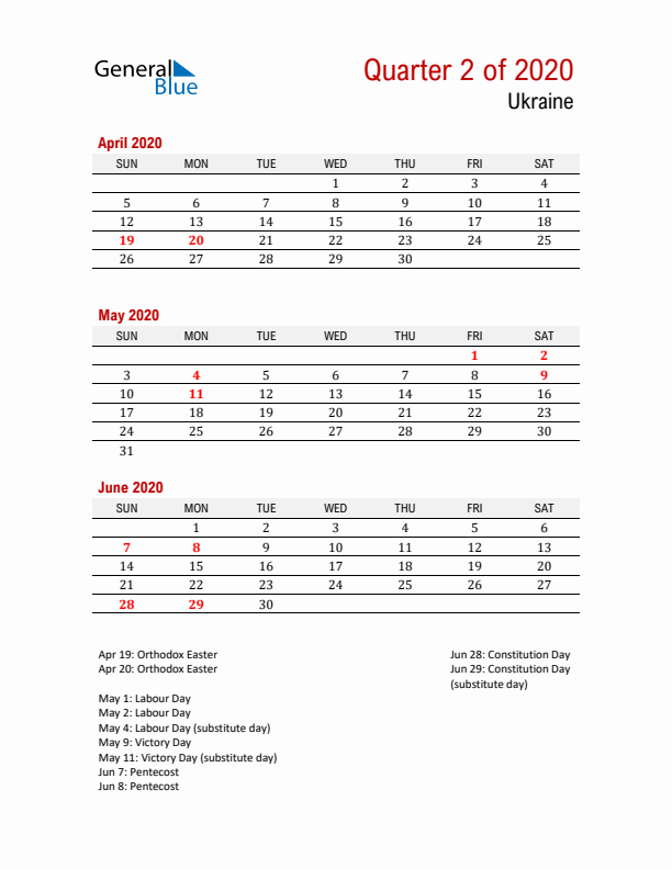 Printable Three Month Calendar with Ukraine Holidays