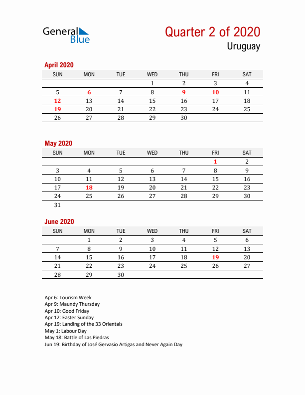 Printable Three Month Calendar with Uruguay Holidays