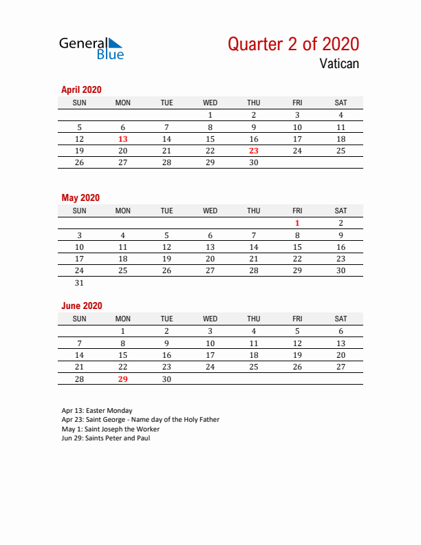 Printable Three Month Calendar with Vatican Holidays