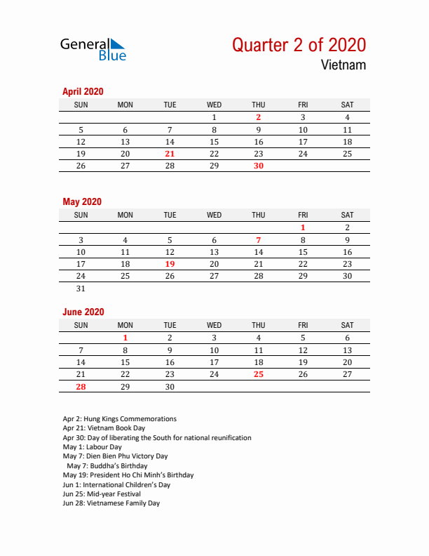 Printable Three Month Calendar with Vietnam Holidays