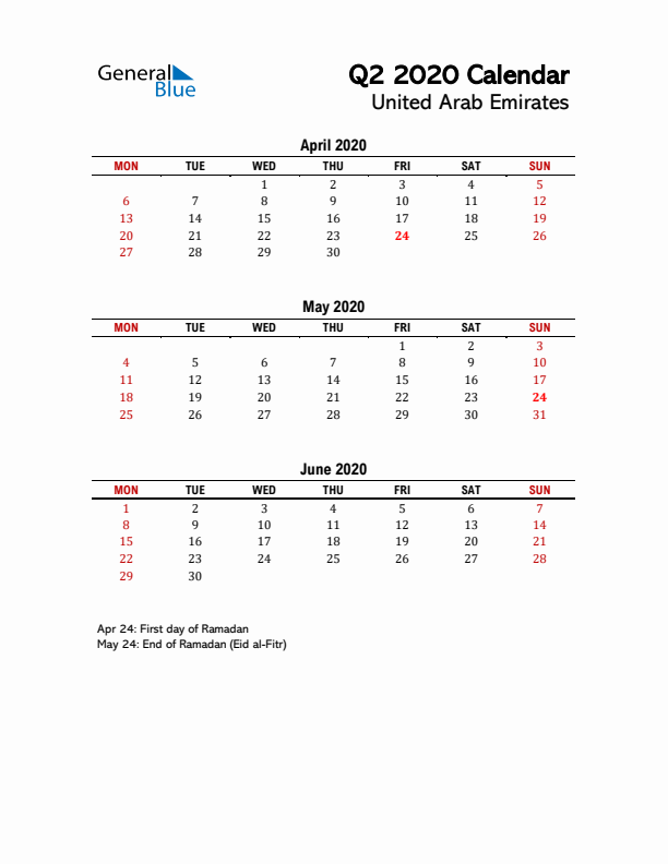 2020 Q2 Calendar with Holidays List for United Arab Emirates