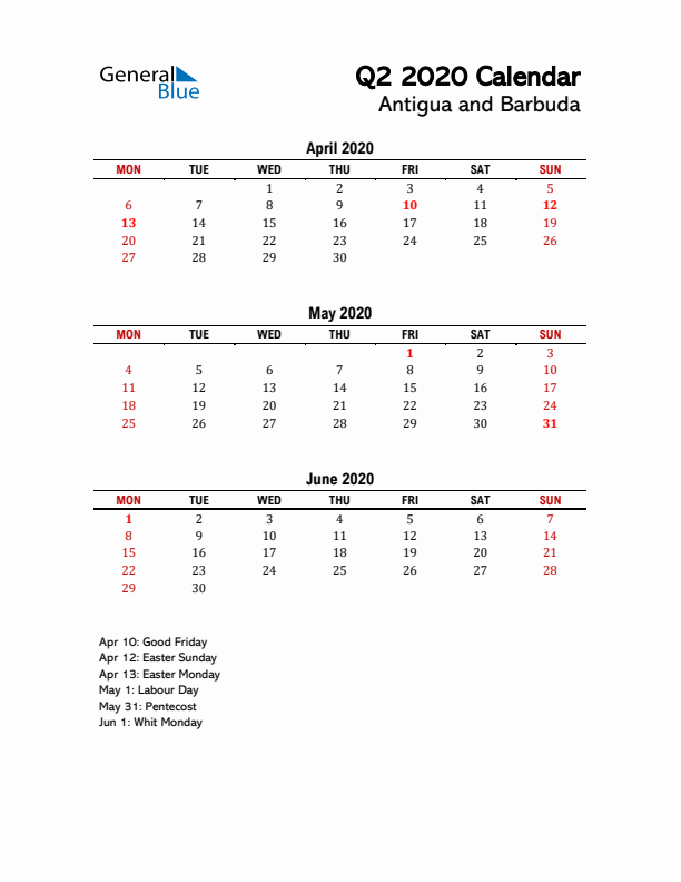 2020 Q2 Calendar with Holidays List for Antigua and Barbuda