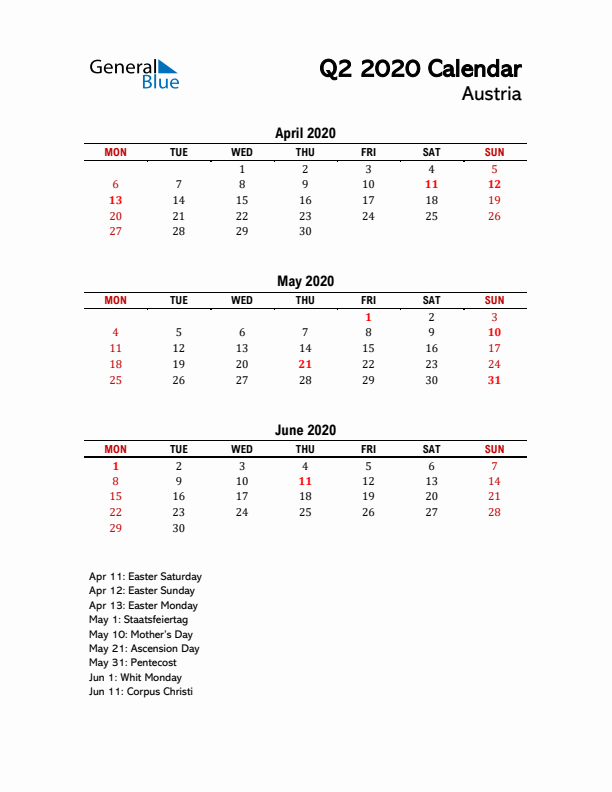 2020 Q2 Calendar with Holidays List for Austria