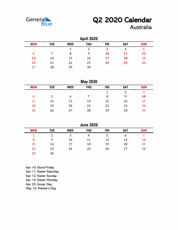 2020 Q2 Calendar with Holidays List for Australia