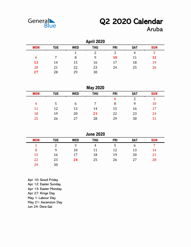 2020 Q2 Calendar with Holidays List for Aruba