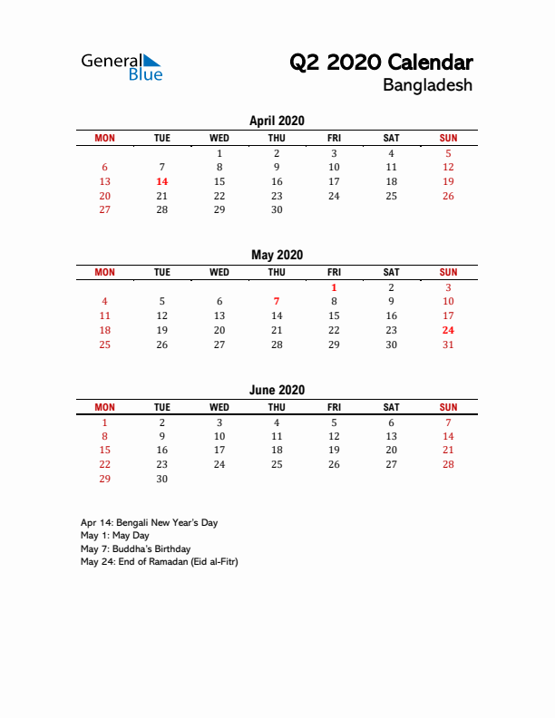 2020 Q2 Calendar with Holidays List for Bangladesh