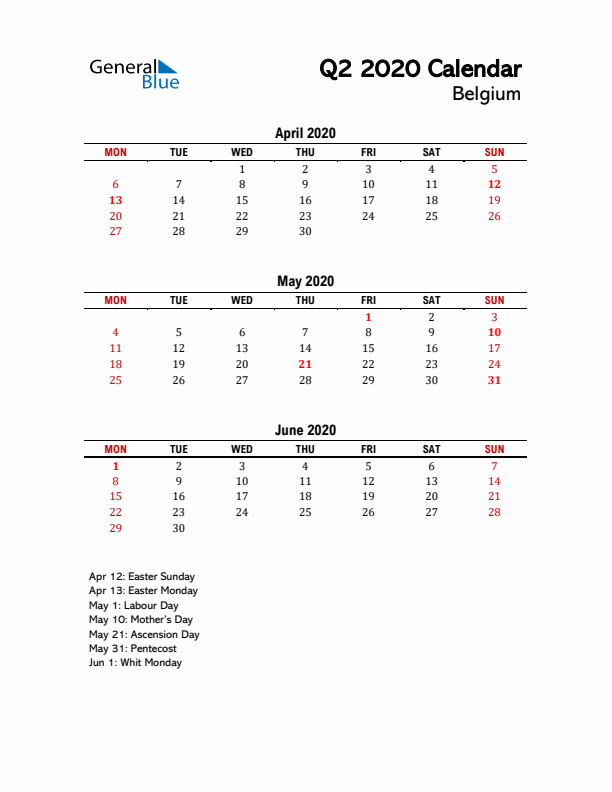 2020 Q2 Calendar with Holidays List for Belgium