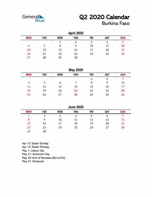 2020 Q2 Calendar with Holidays List for Burkina Faso