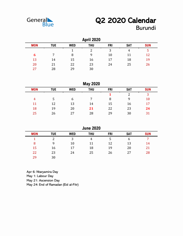 2020 Q2 Calendar with Holidays List for Burundi