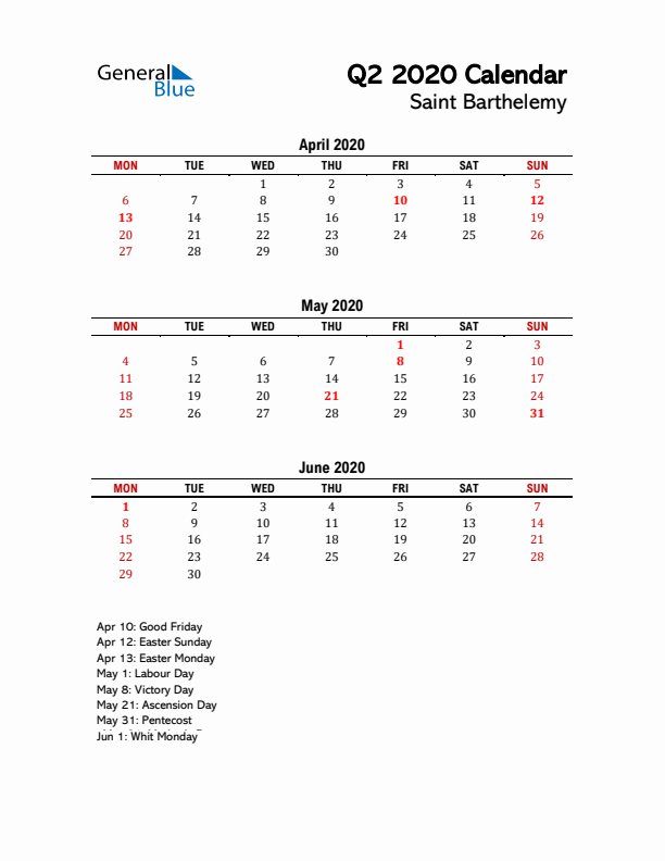 2020 Q2 Calendar with Holidays List for Saint Barthelemy