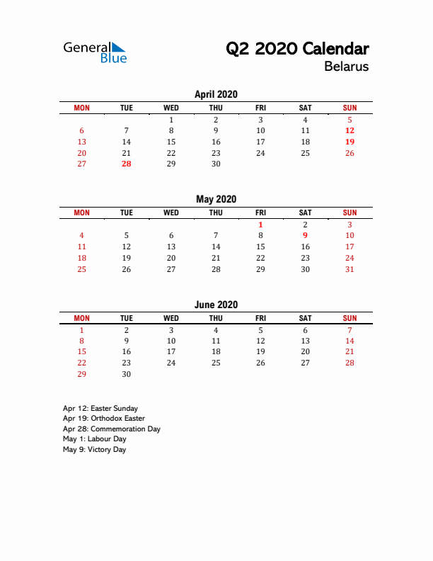 2020 Q2 Calendar with Holidays List for Belarus