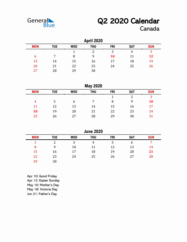 2020 Q2 Calendar with Holidays List for Canada