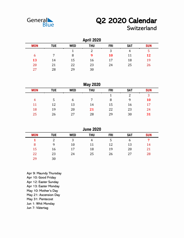 2020 Q2 Calendar with Holidays List for Switzerland