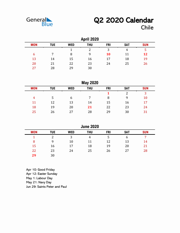 2020 Q2 Calendar with Holidays List for Chile