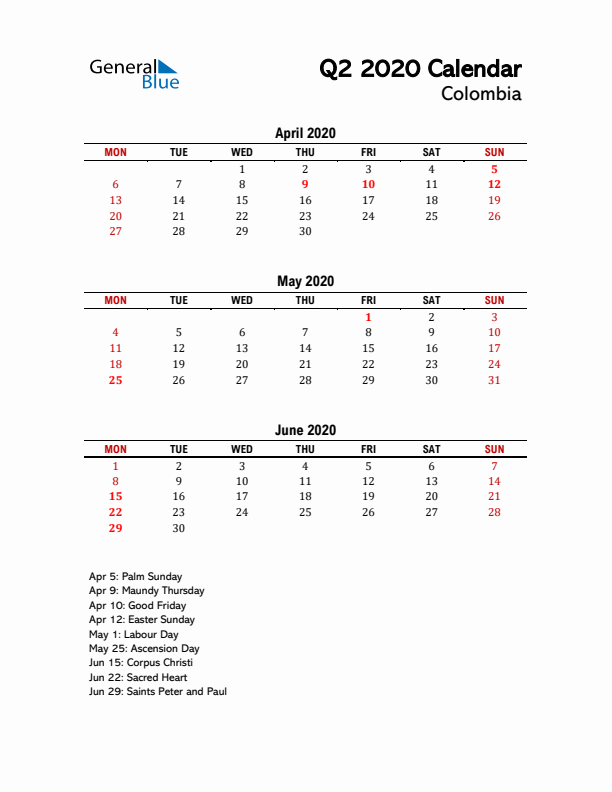 2020 Q2 Calendar with Holidays List for Colombia