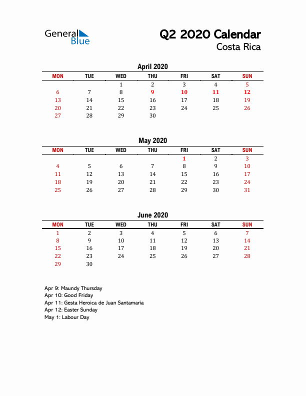 2020 Q2 Calendar with Holidays List for Costa Rica