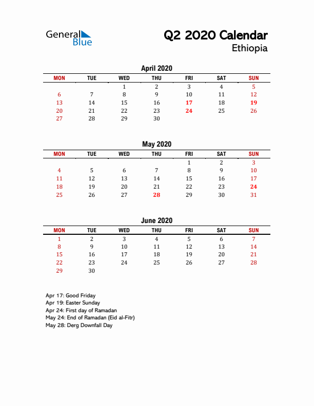 2020 Q2 Calendar with Holidays List for Ethiopia