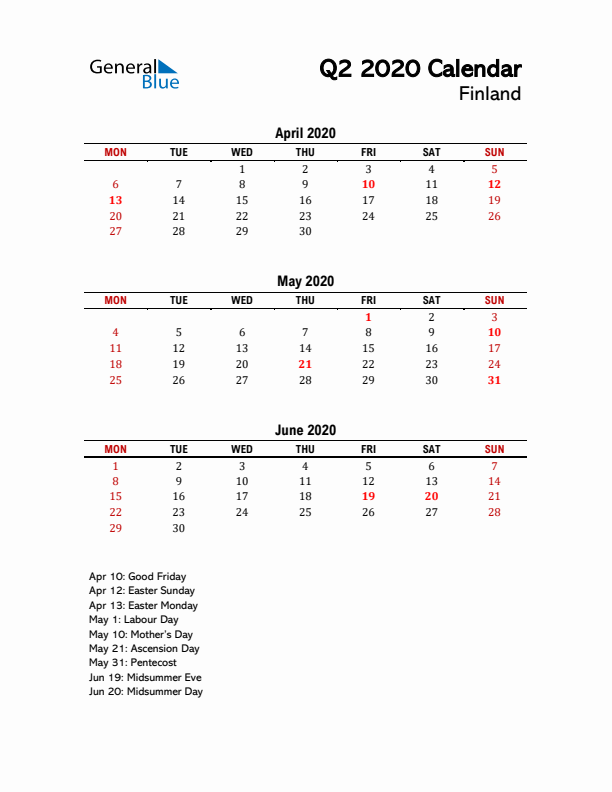 2020 Q2 Calendar with Holidays List for Finland