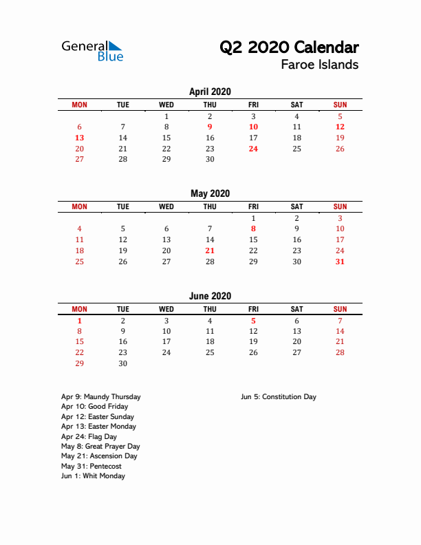 2020 Q2 Calendar with Holidays List for Faroe Islands