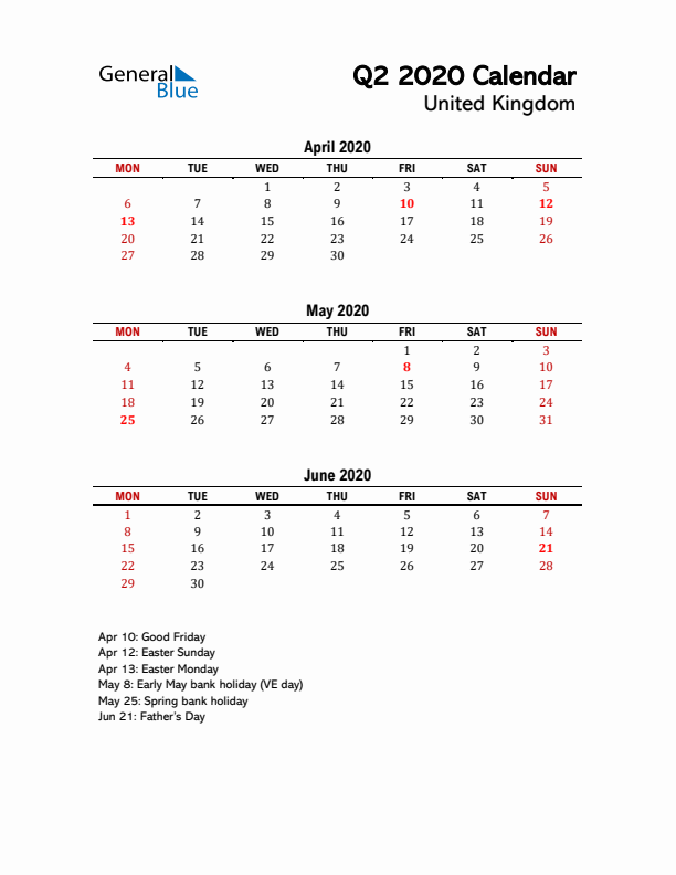 2020 Q2 Calendar with Holidays List for United Kingdom