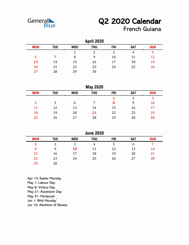 2020 Q2 Calendar with Holidays List for French Guiana