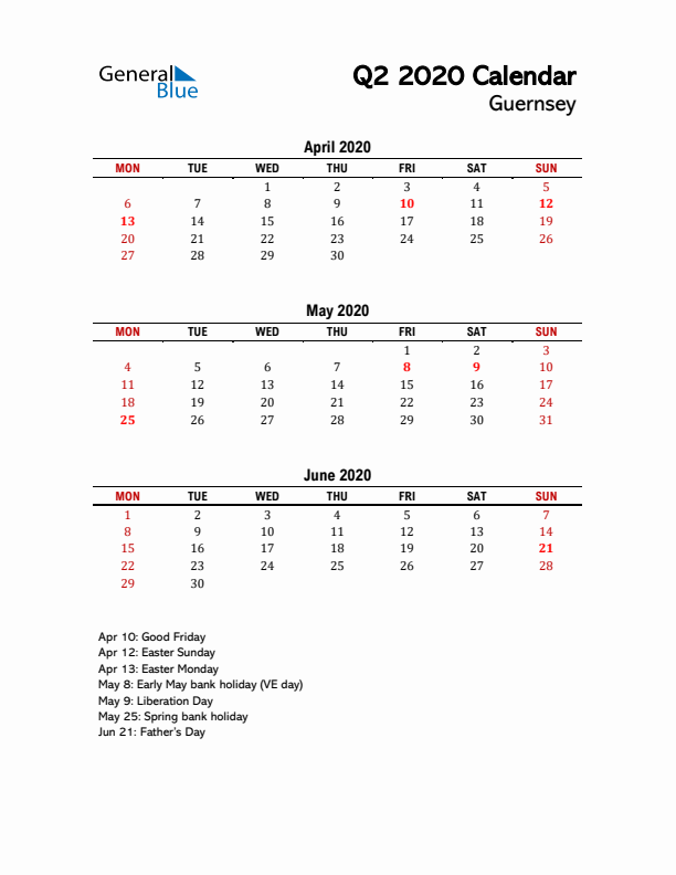 2020 Q2 Calendar with Holidays List for Guernsey