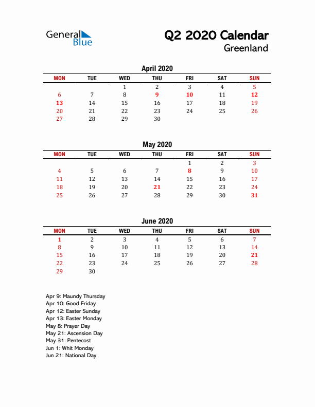 2020 Q2 Calendar with Holidays List for Greenland