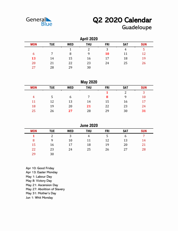 2020 Q2 Calendar with Holidays List for Guadeloupe