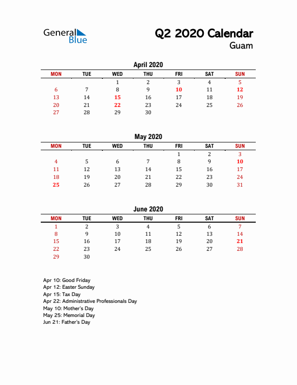 2020 Q2 Calendar with Holidays List for Guam