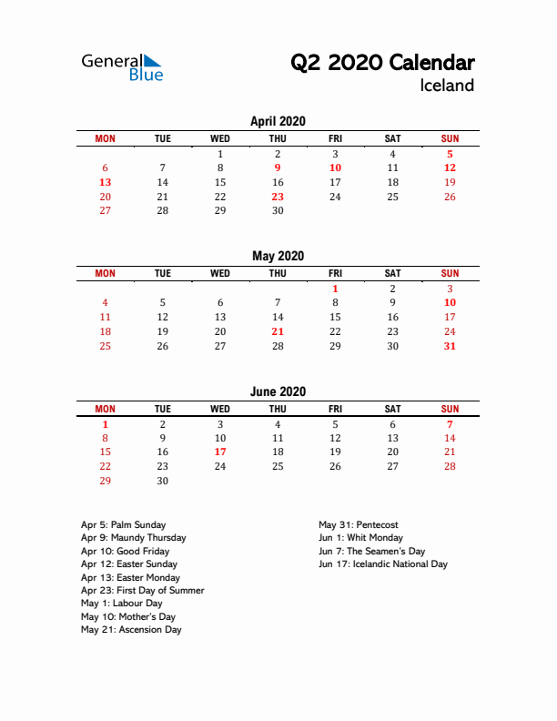 2020 Q2 Calendar with Holidays List for Iceland