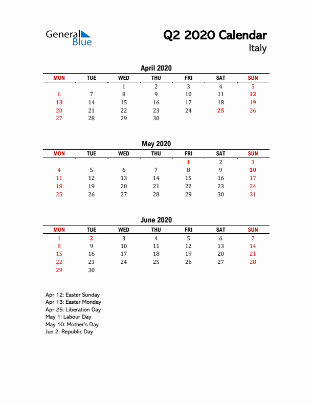 2020 Q2 Calendar with Holidays List for Italy