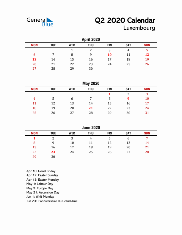 2020 Q2 Calendar with Holidays List for Luxembourg