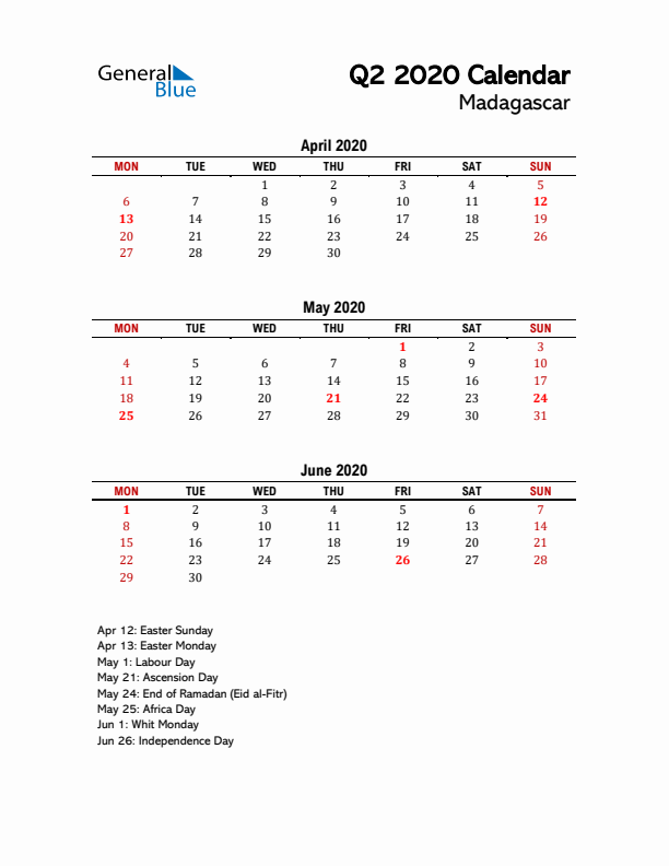 2020 Q2 Calendar with Holidays List for Madagascar