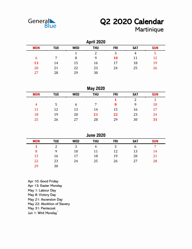 2020 Q2 Calendar with Holidays List for Martinique