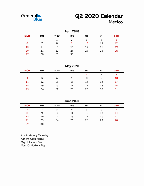 2020 Q2 Calendar with Holidays List for Mexico