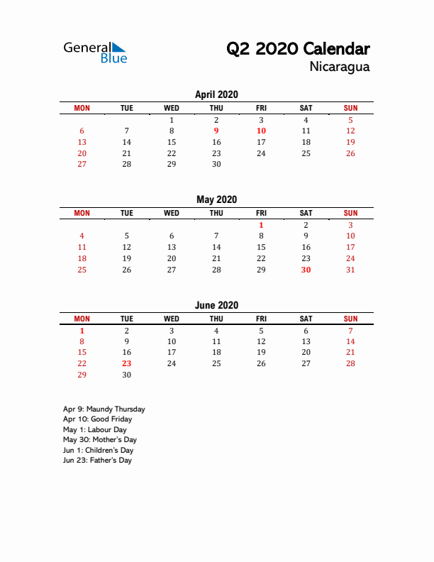 2020 Q2 Calendar with Holidays List for Nicaragua