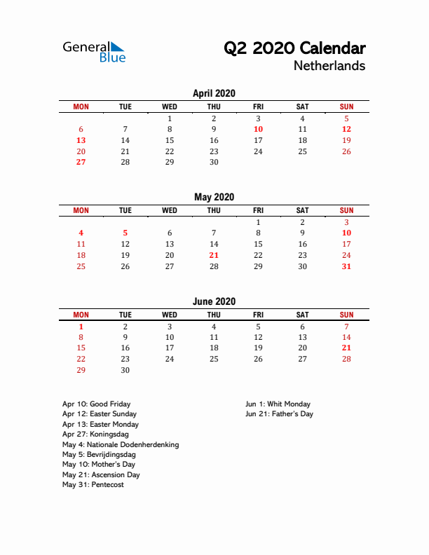 2020 Q2 Calendar with Holidays List for The Netherlands