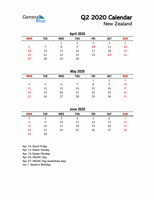 2020 Q2 Calendar with Holidays List for New Zealand