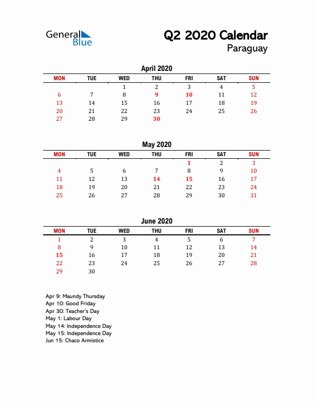 2020 Q2 Calendar with Holidays List for Paraguay