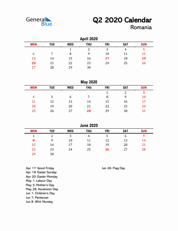 2020 Q2 Calendar with Holidays List for Romania