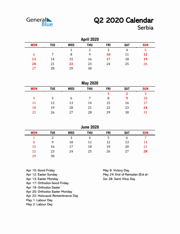 2020 Q2 Calendar with Holidays List for Serbia