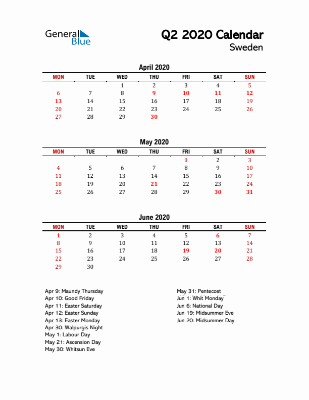 2020 Q2 Calendar with Holidays List for Sweden