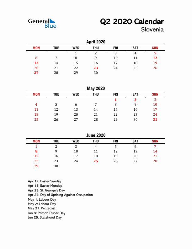 2020 Q2 Calendar with Holidays List for Slovenia