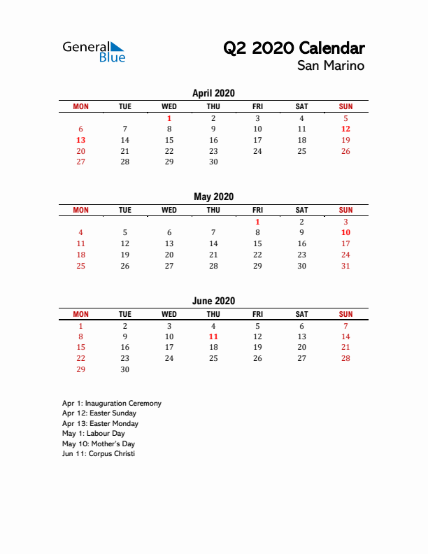 2020 Q2 Calendar with Holidays List for San Marino