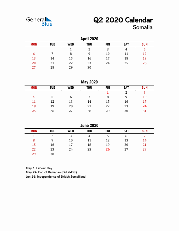 2020 Q2 Calendar with Holidays List for Somalia